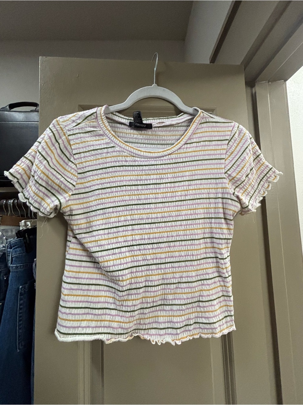 Forever 21 Cream Ribbed Striped Ruffle Crop Top